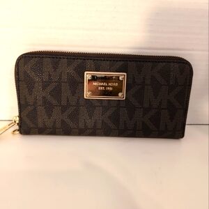 Michael Kors MK Logo Brown‎ Gold Zip  Clutch Continental Wallet